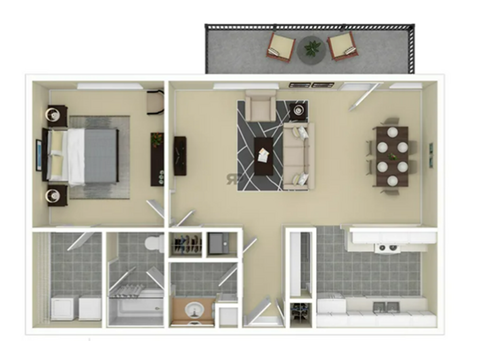 A top-down view of a small apartment layout with a kitchen, living room, and bathroom.